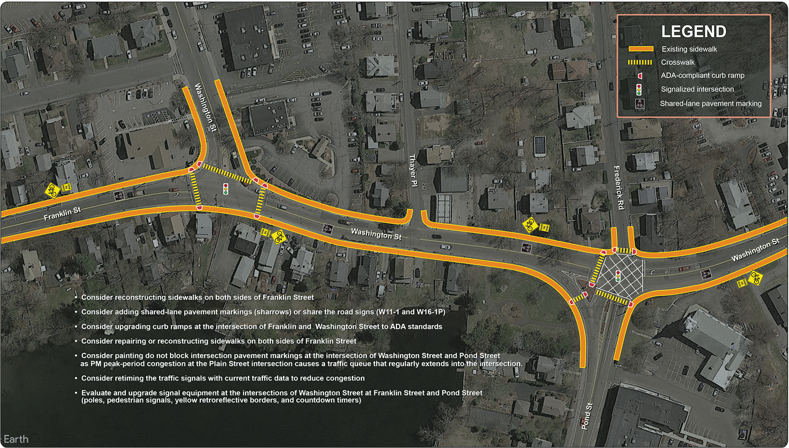 Figure 21 is an aerial photo showing the proposed improvements on Washington Street from Franklin Street to Pond Street.